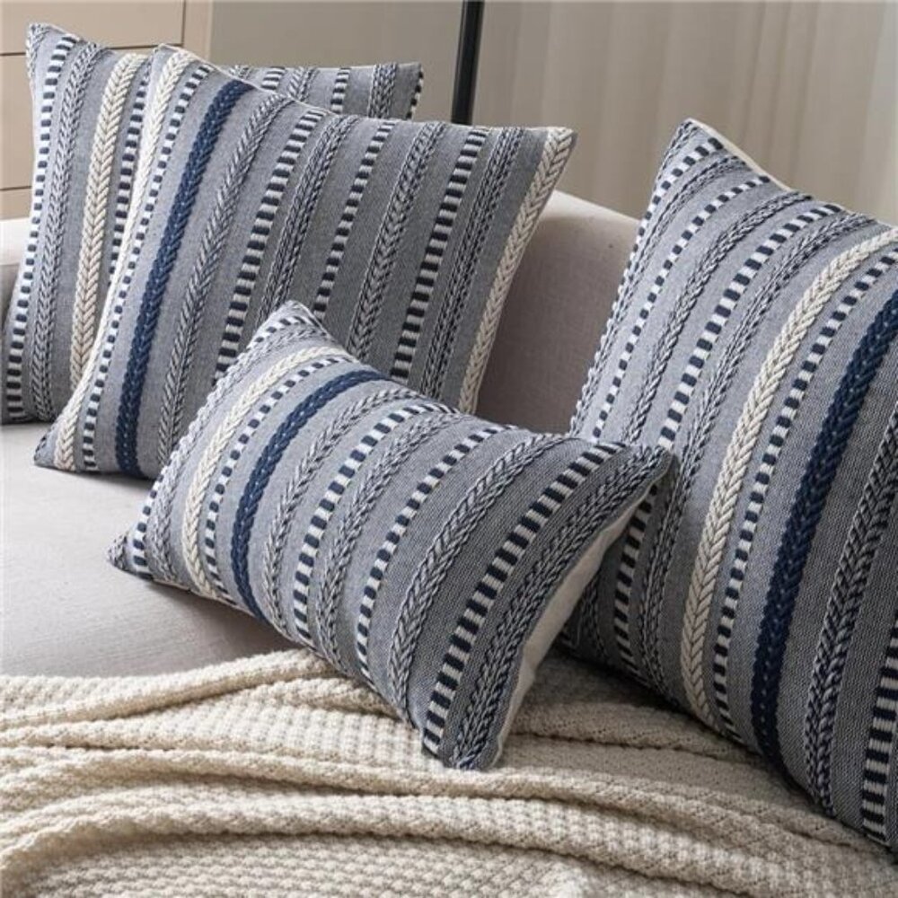 New West Elm Set 2 Navy Blue Boho Embroidered Throw Pillow Case Cover Sham 18x18 - Picture 1 of 9